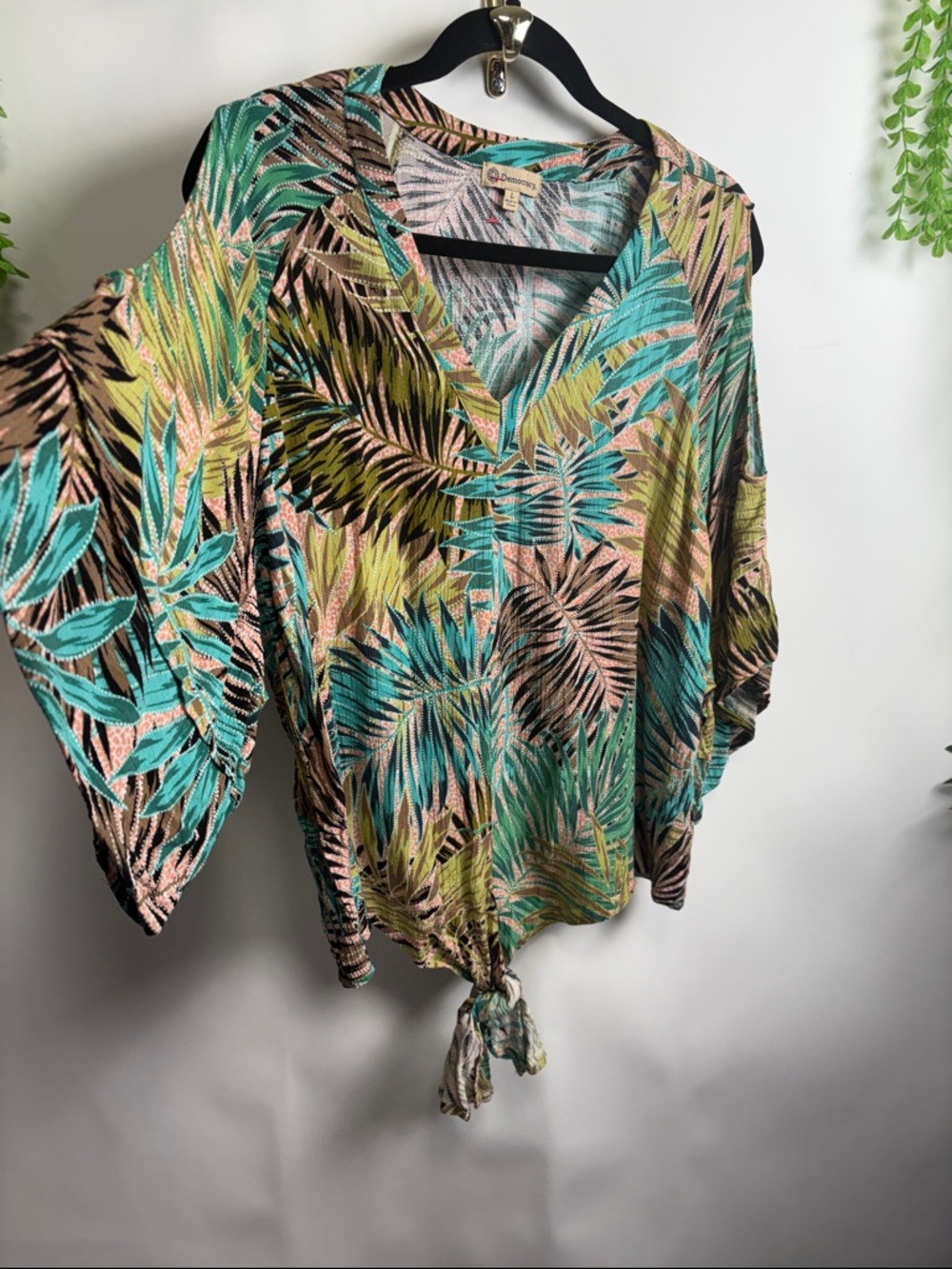 Democracy Tropical Leaf Tie-Hem Tunic in Teal, Pink & Green